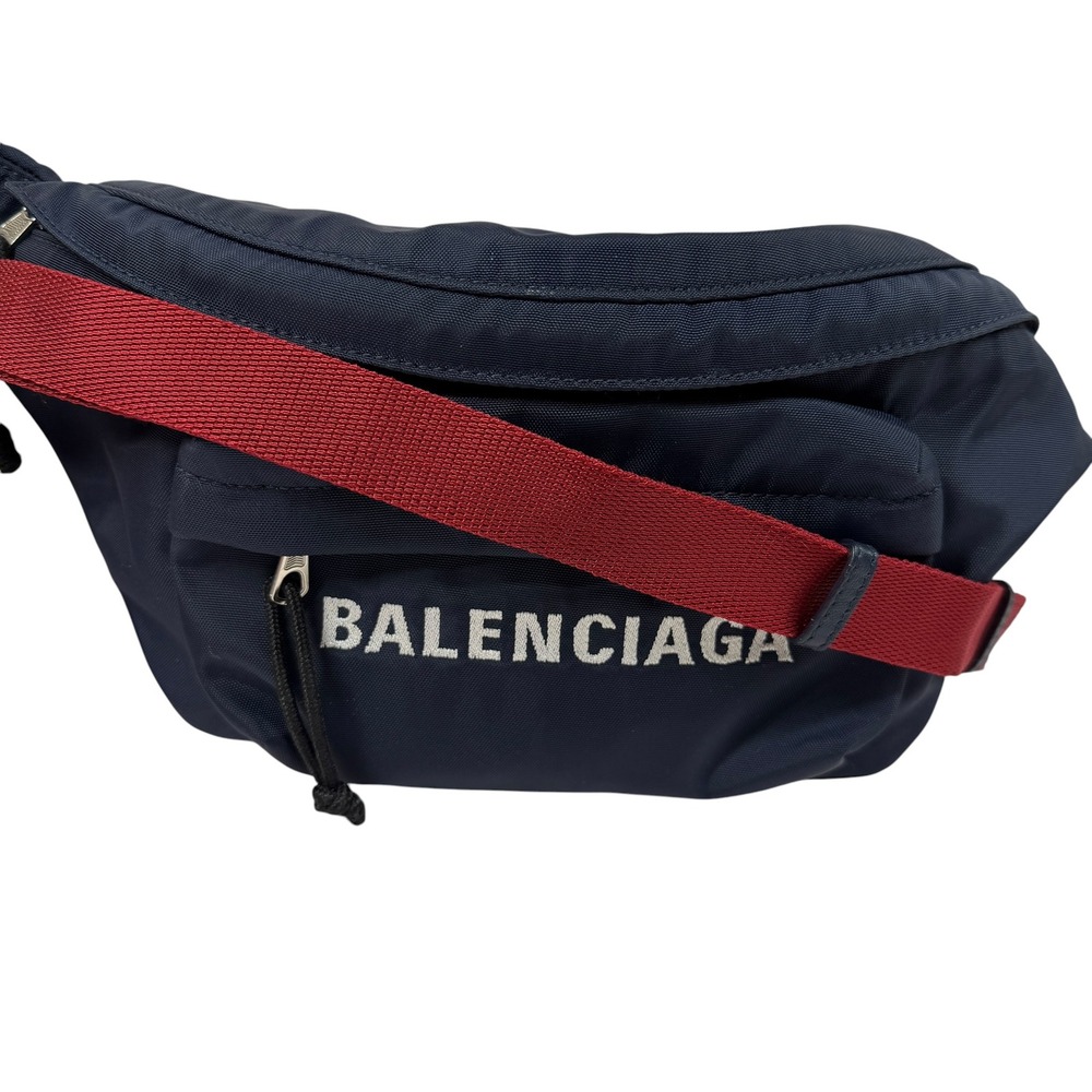 Balenciaga Wheel Belt Bag Navy Blue Nylon Red Strap Waist Pack Embroidered Logo